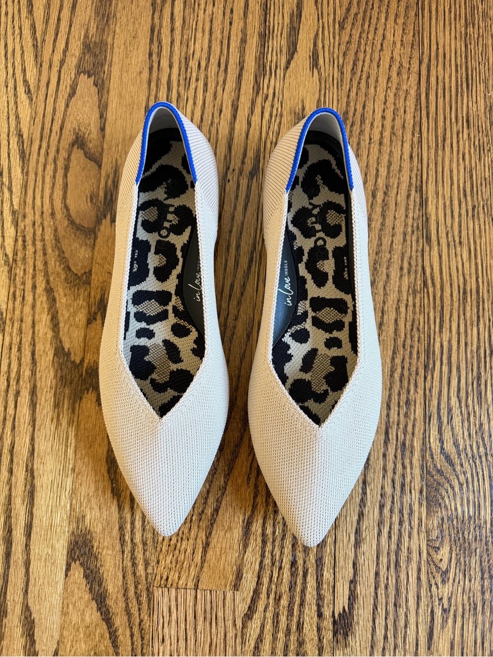 Rothy's Beige Pointed-Toe Knit Flats with Blue Trim